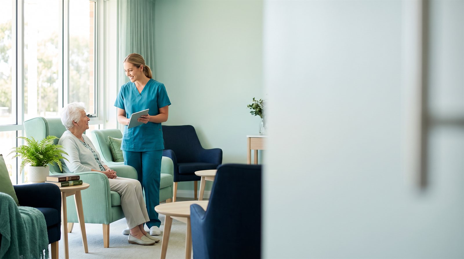 An infection prevention nurse reviewing an IPC assessment on a tablet beside a resident in a bright aged-care lounge